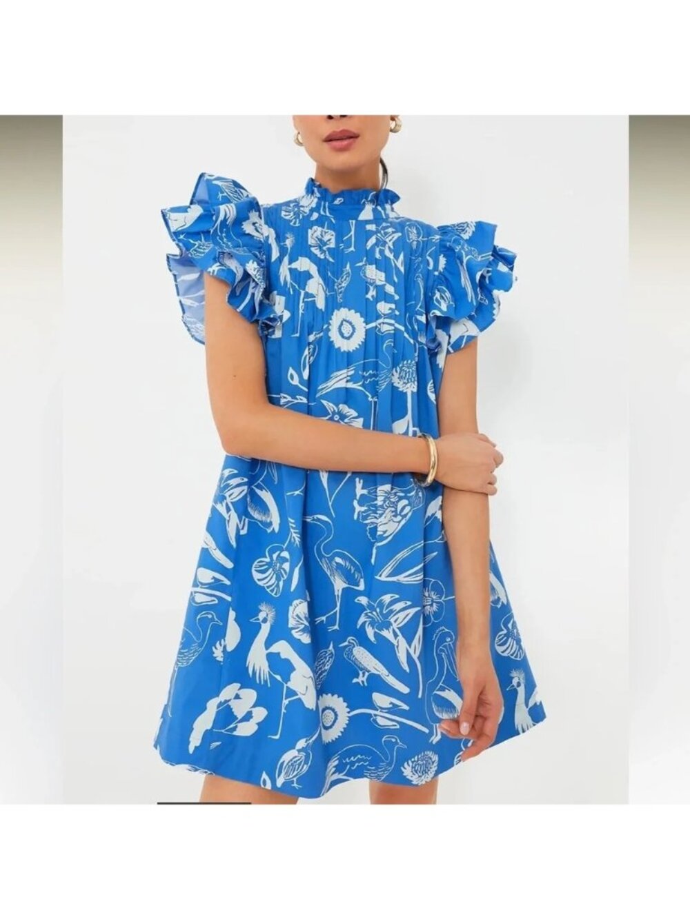 OLIPHANT Audubon Pintuck Ruffle Mini Dress Blue Size Large NWT - Picture 2 of 9